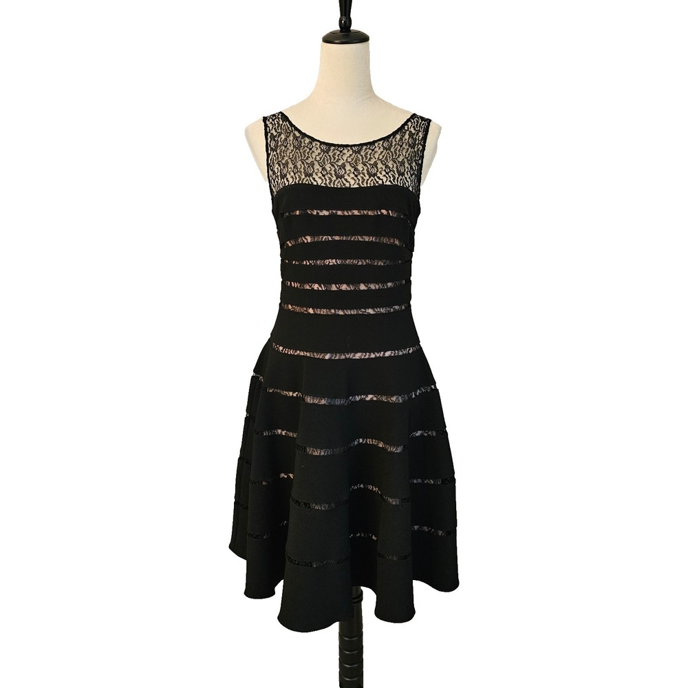 JS Collections Womens 8 Lace Illusion Fit and Flare Dress Black‎ Nude Lined